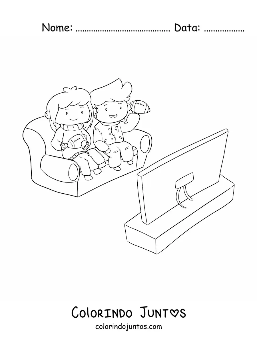 Desenho para colorir de duas crianças assistindo a um jogo de futebol sentadas em uma poltrona