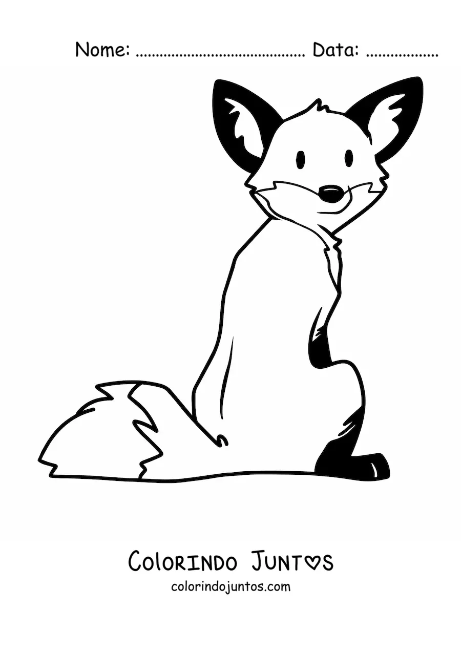 Desenho para colorir de uma raposa animada sentada de costas com a cabeça virada para trás