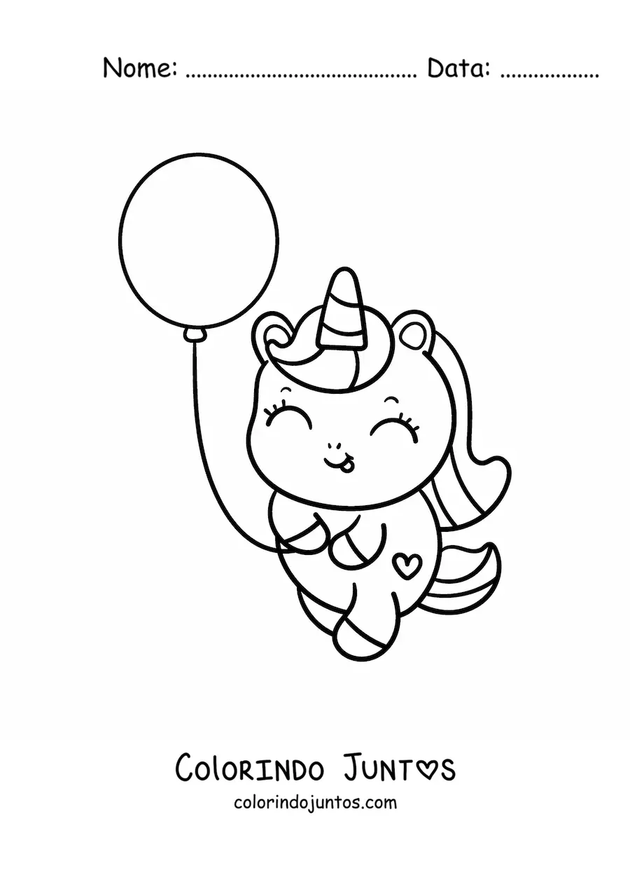 Desenho para colorir de um unicórnio kawaii com um balão