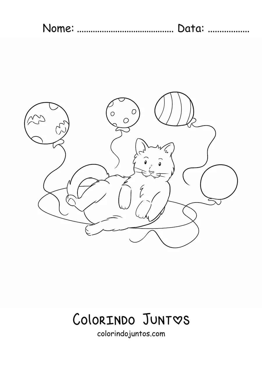 Desenho para colorir de um gato kawaii com quatro balões