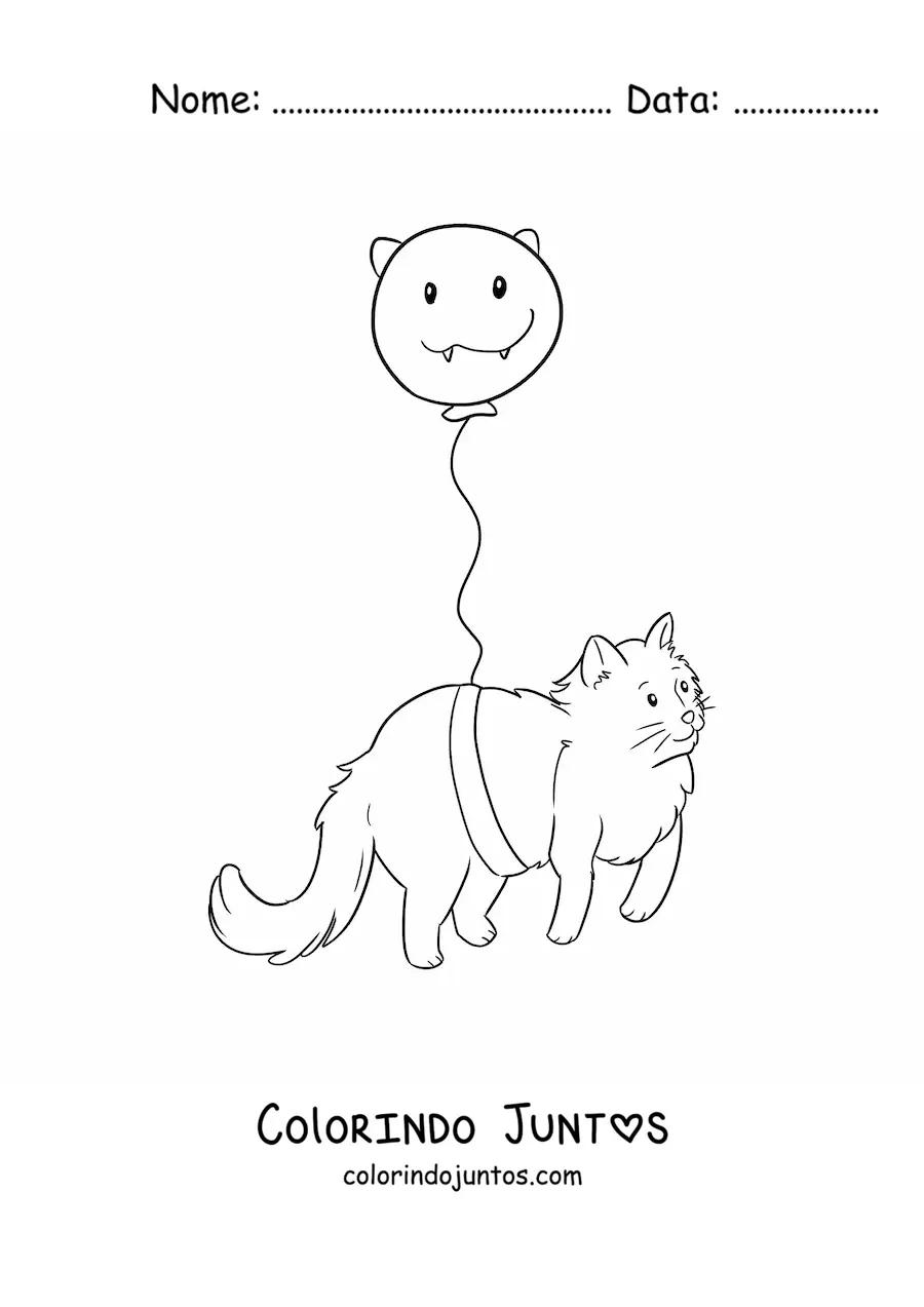 Desenho para colorir de um gato kawaii amarrado a um balão