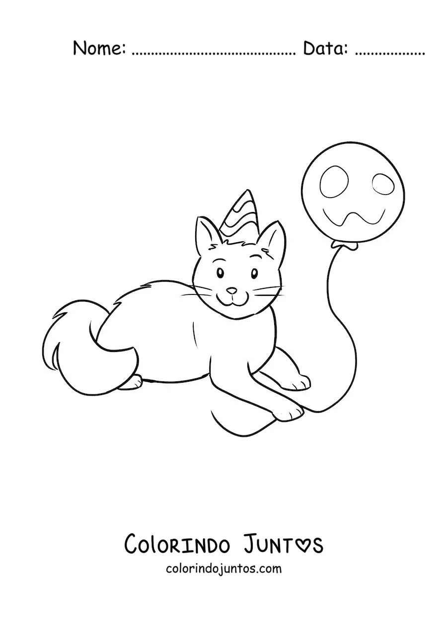 Desenho para colorir de um gato kawaii com um balão de festa