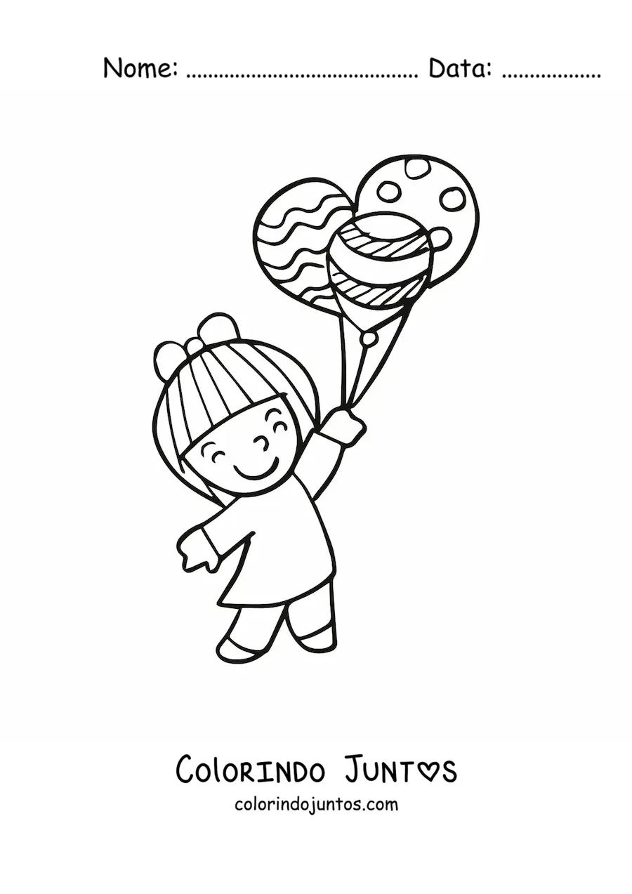 Desenho para colorir de uma menina segurando três balões
