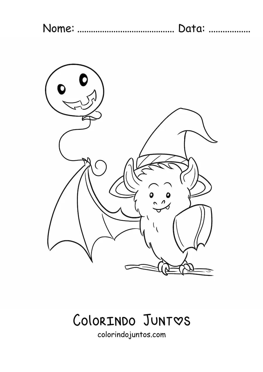 Desenho para colorir de um morcego kawaii com um balão de Halloween