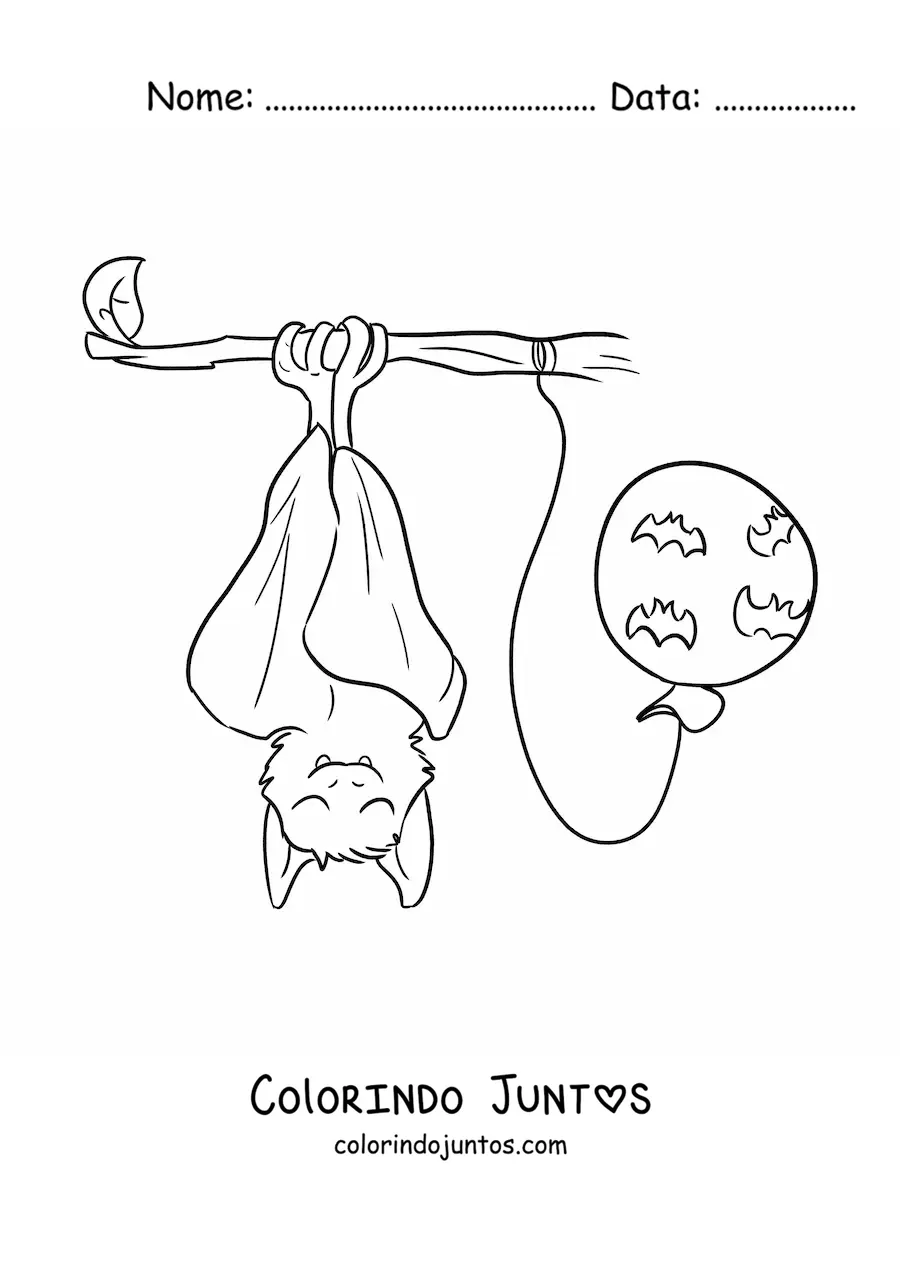 Desenho para colorir de um morcego kawaii dormindo ao lado de um balão de Halloween