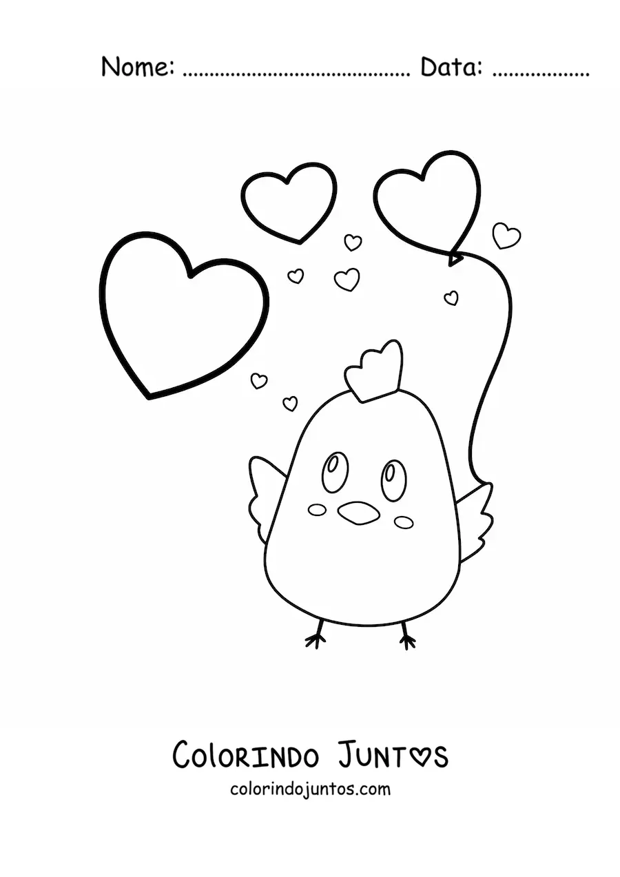 Desenho para colorir de um pintinho kawaii com balões de coração