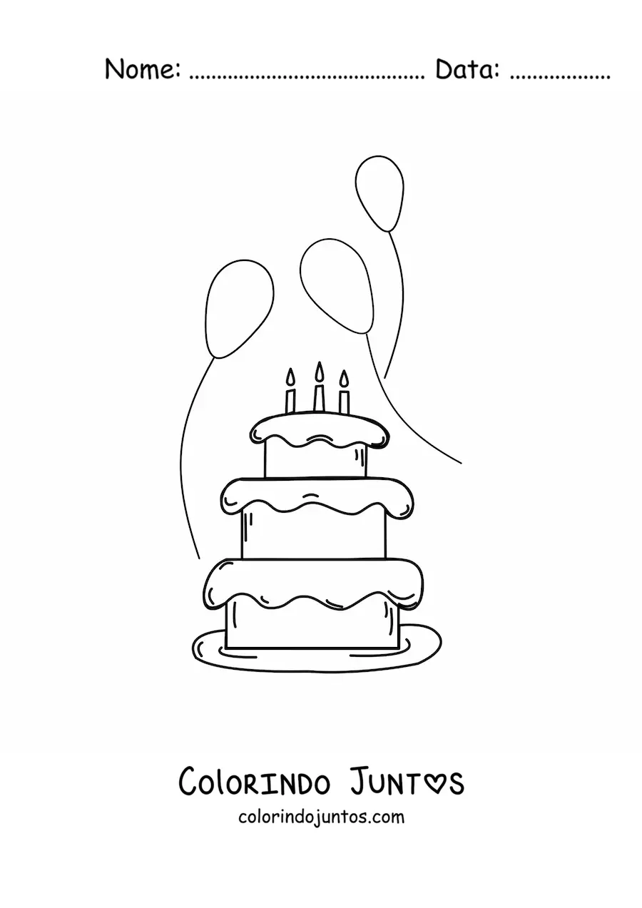 Desenho para colorir de um bolo de aniversário com três balões