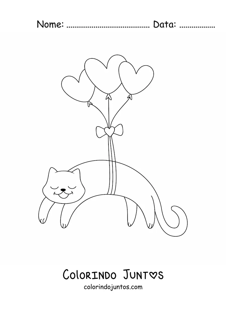 Desenho para colorir de um gato animado amarrado a três balões de coração