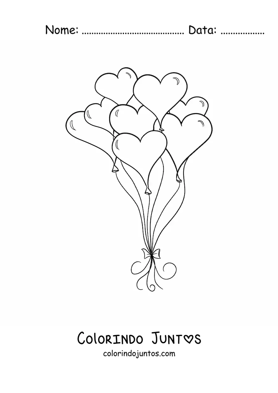 Desenho para colorir de vários balões em formato de coração