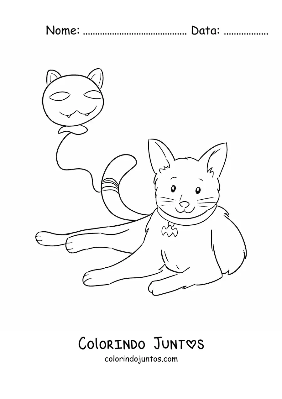 Desenho para colorir de um gato kawaii com um balão em formato de gato