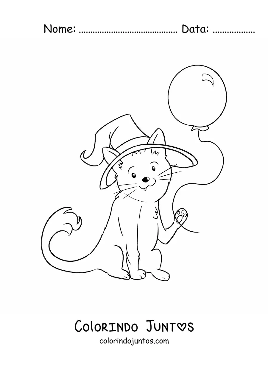 Desenho para colorir de um gato kawaii fantasiado com um balão de Halloween