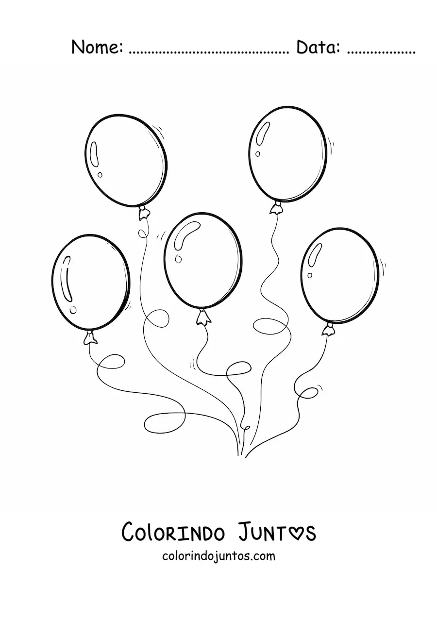 Desenho para colorir de cinco balões de aniversário