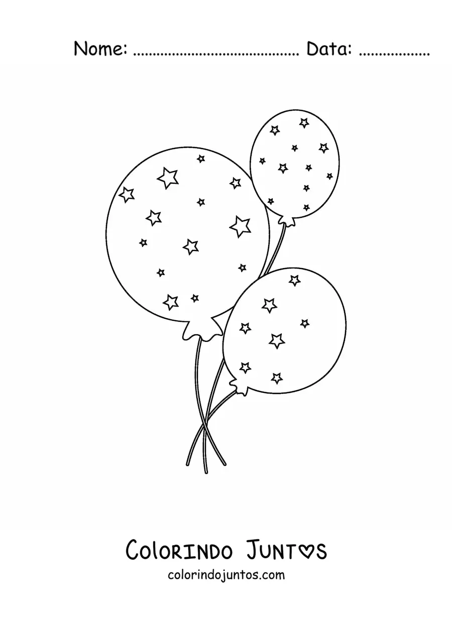 Desenho para colorir de três balões com estrelas