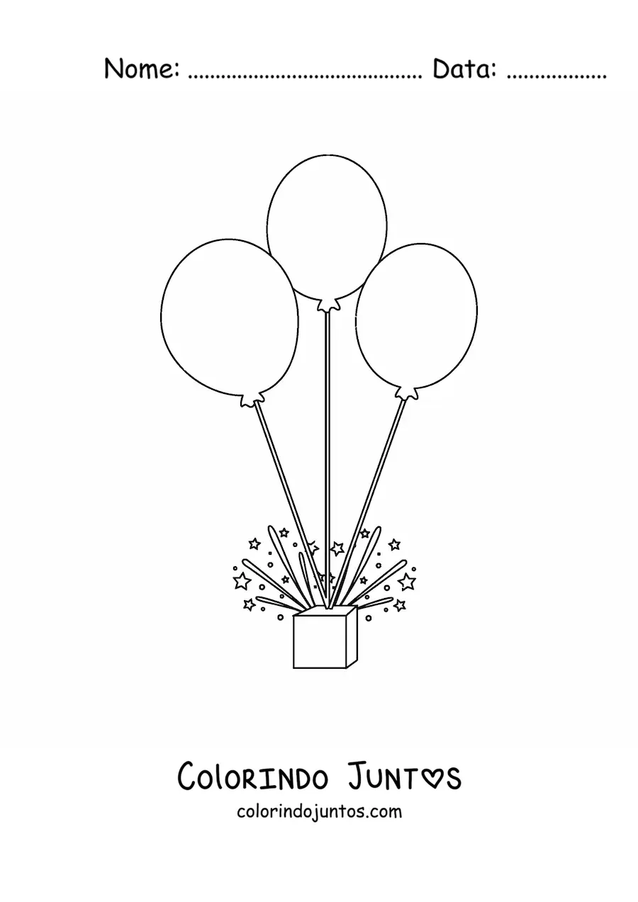 Desenho para colorir de três balões e serpentinas