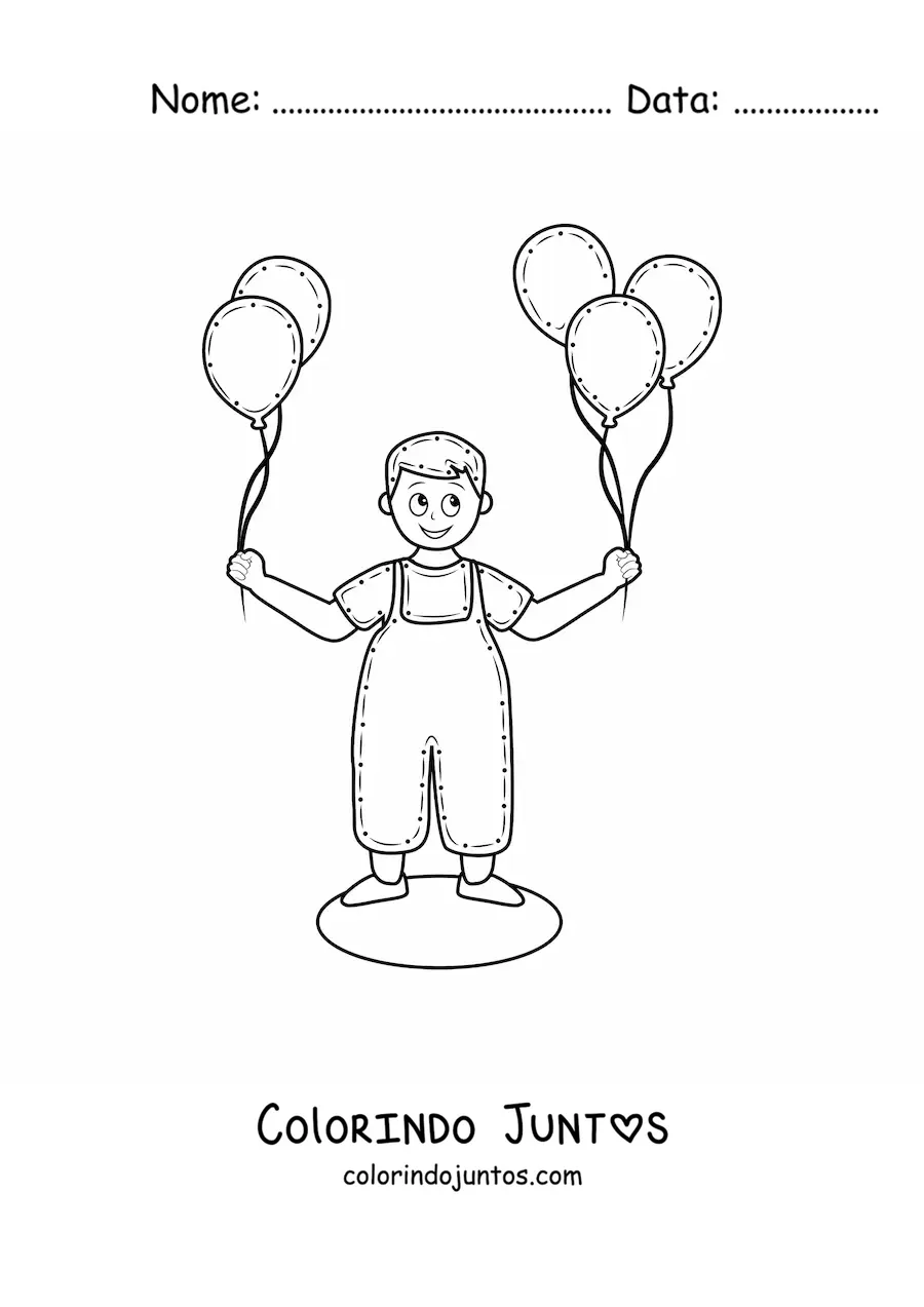 Desenho para colorir de um menino com balões nas mãos