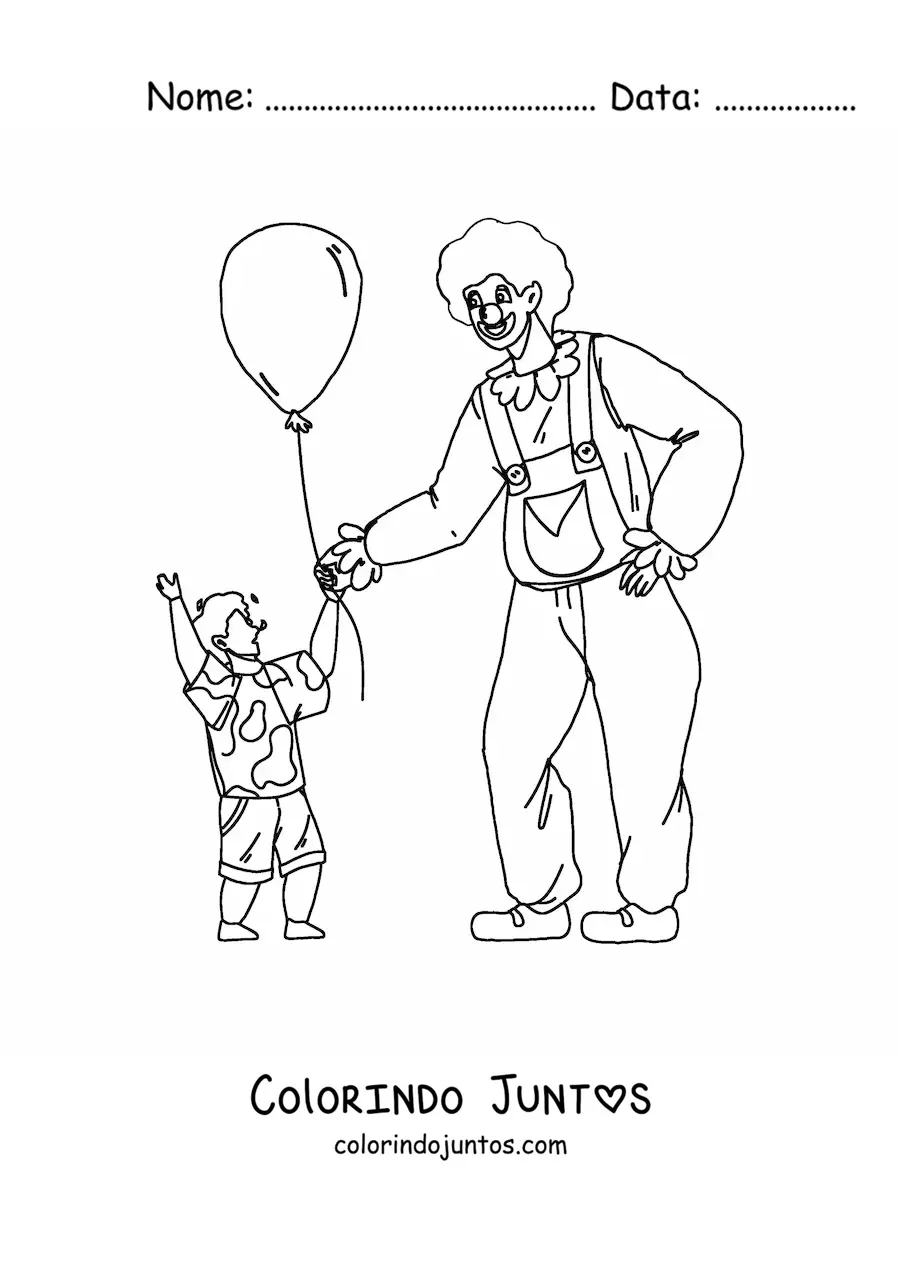 Desenho para colorir de um palhaço entregando um balão a um menino