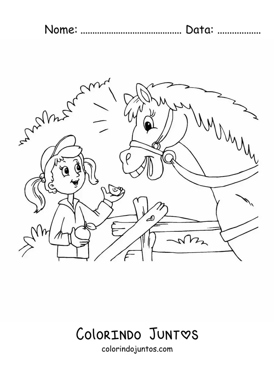 Desenho para colorir de uma menina alimentando um cavalo com uma maçã