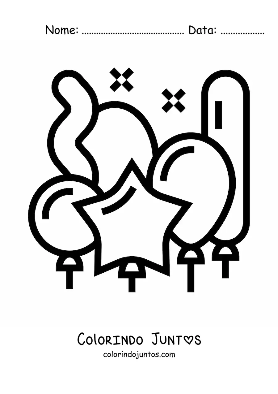 Desenho para colorir de um balão em formato de estrela junto a vários balões