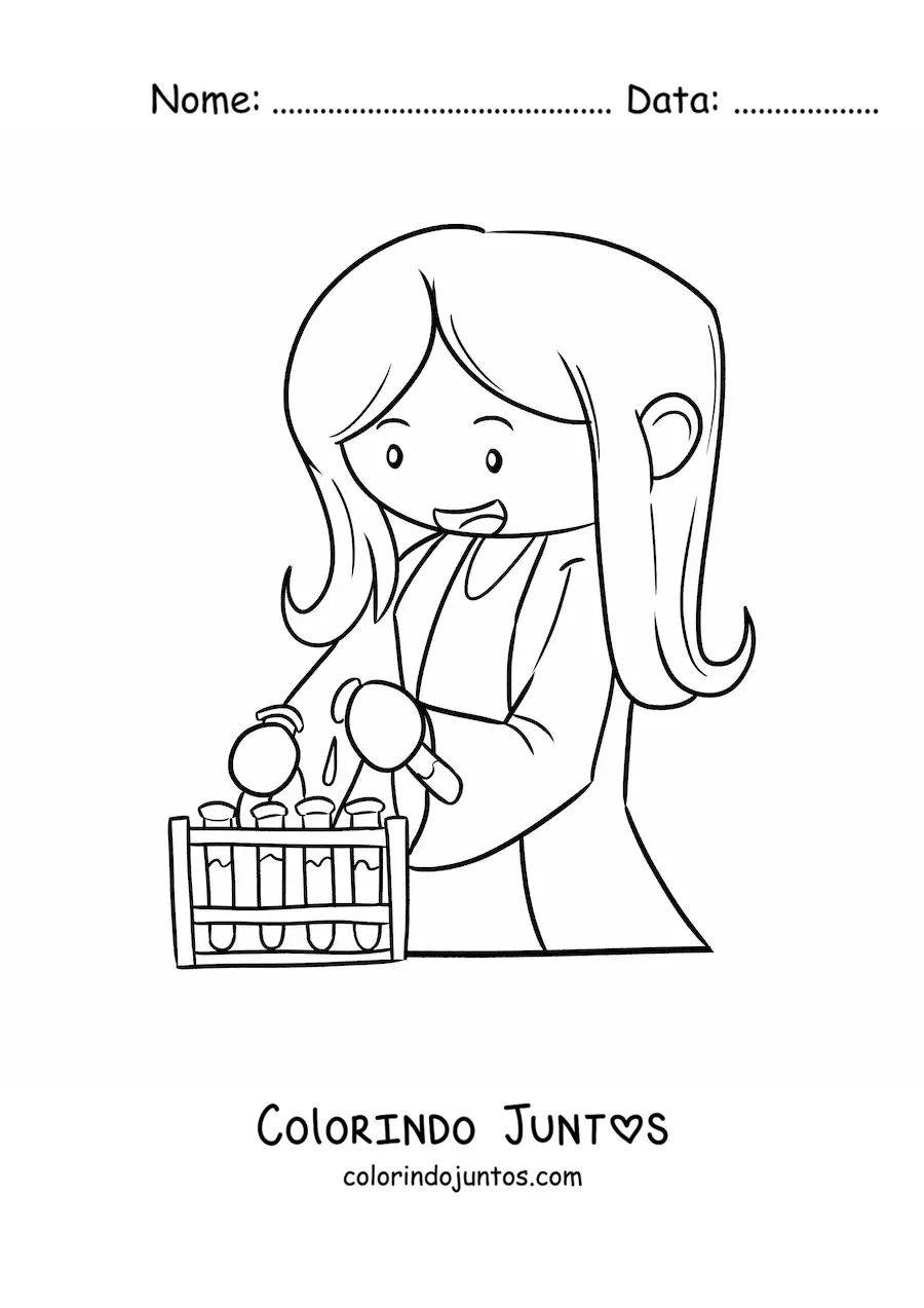 Desenho para colorir de uma mulher cientista kawaii animada