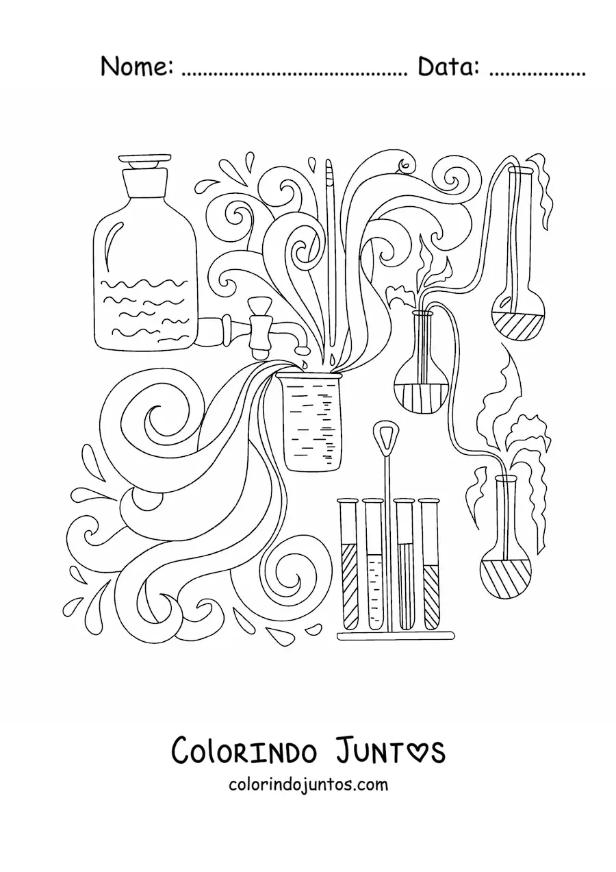 Desenho para colorir de recipientes e frascos com produtos químicos reagindo ao se misturar