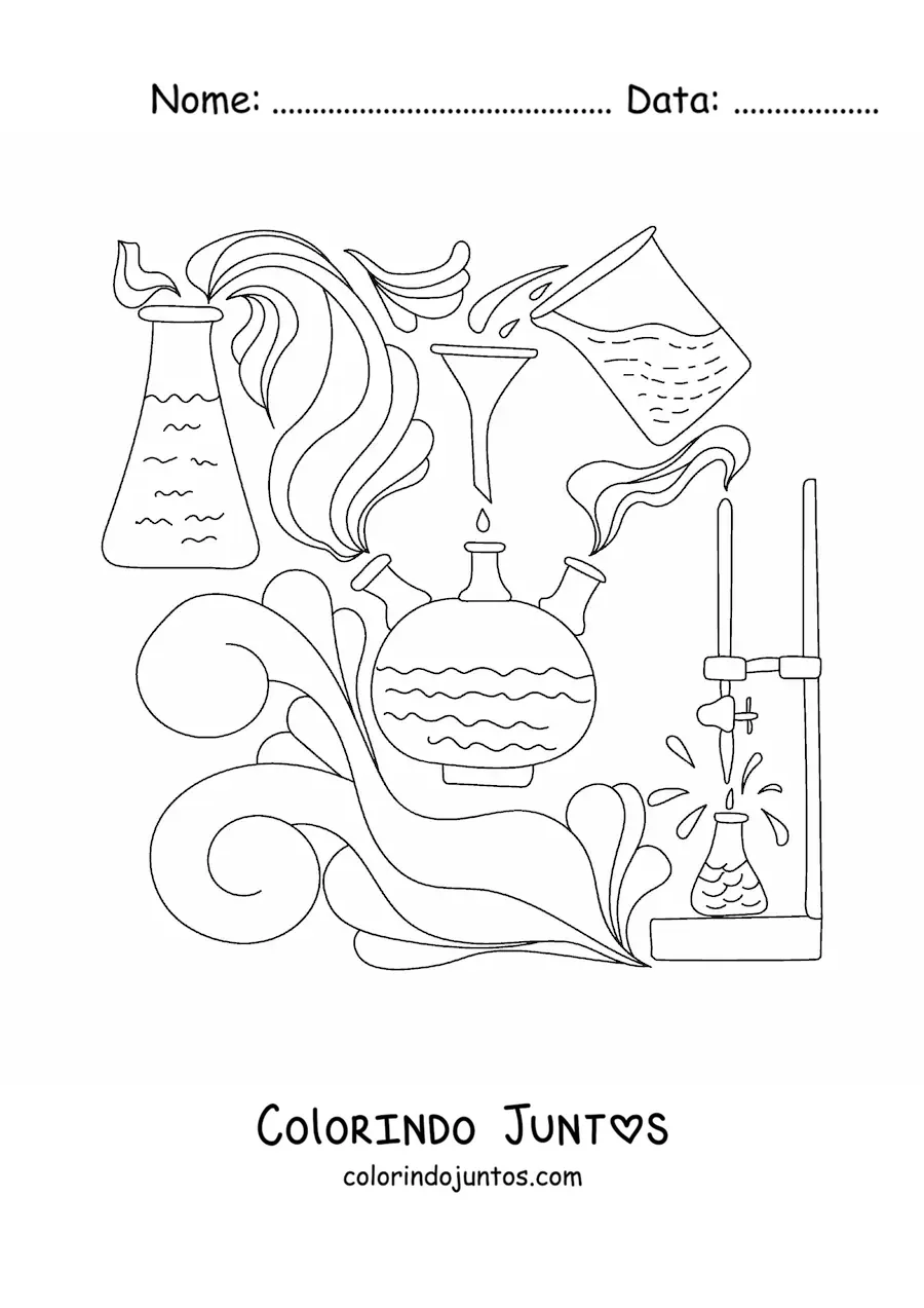 Desenho para colorir de vários elementos químicos em um experimento
