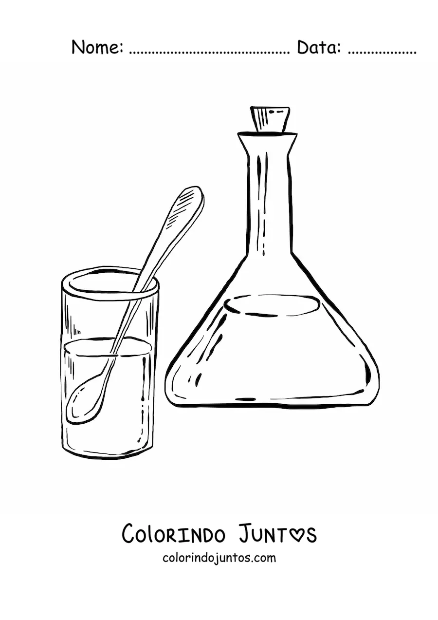 Desenho para colorir de um frasco erlenmeyer e um copo com soluções químicas