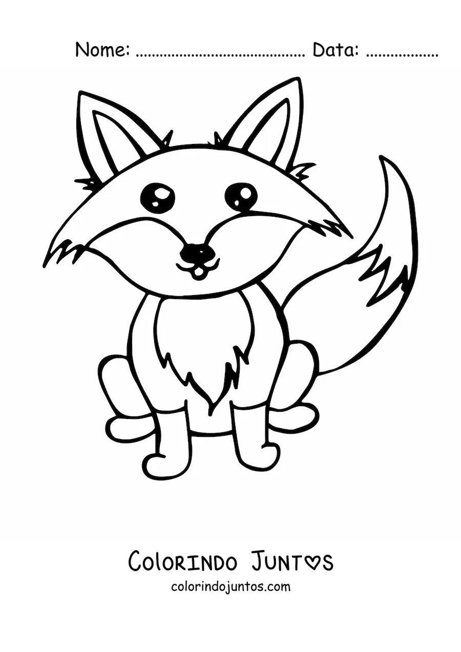 Desenho para colorir de uma raposa kawaii animada com olhos brilhantes sentada de frente