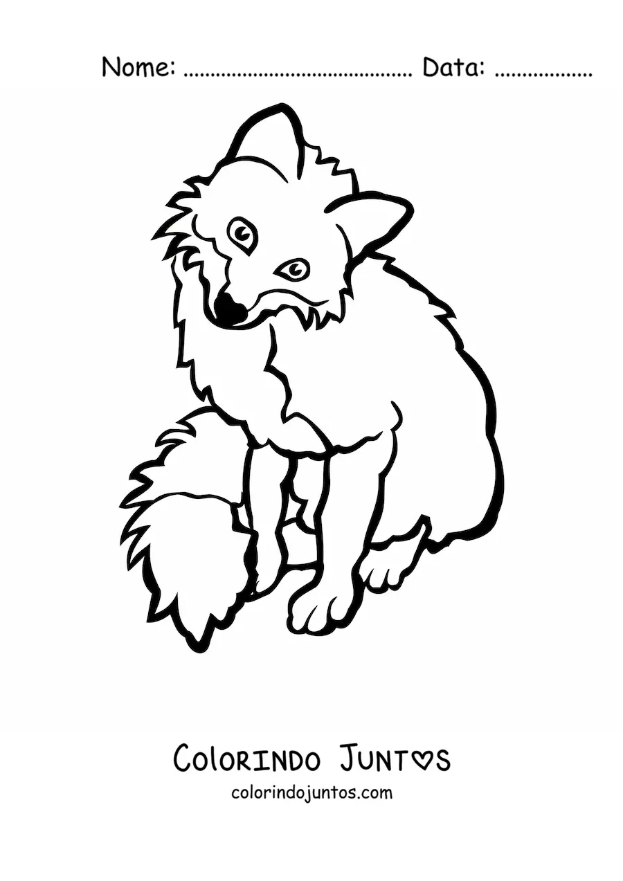 Desenho para colorir de uma raposa selvagem sentada de frente com a cabeça inclinada para a direita