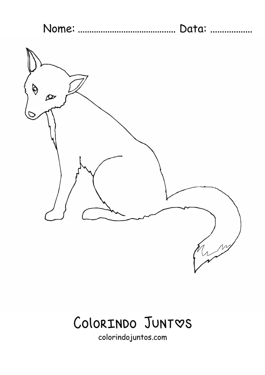 Desenho para colorir de uma raposa selvagem sentada de perfil com a cabeça virada para a frente