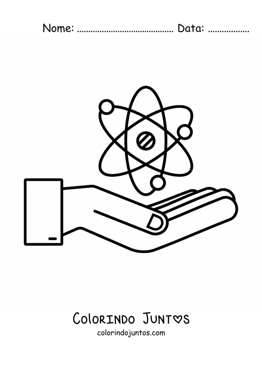 Desenho para colorir de uma mão com um átomo representando a física nuclear