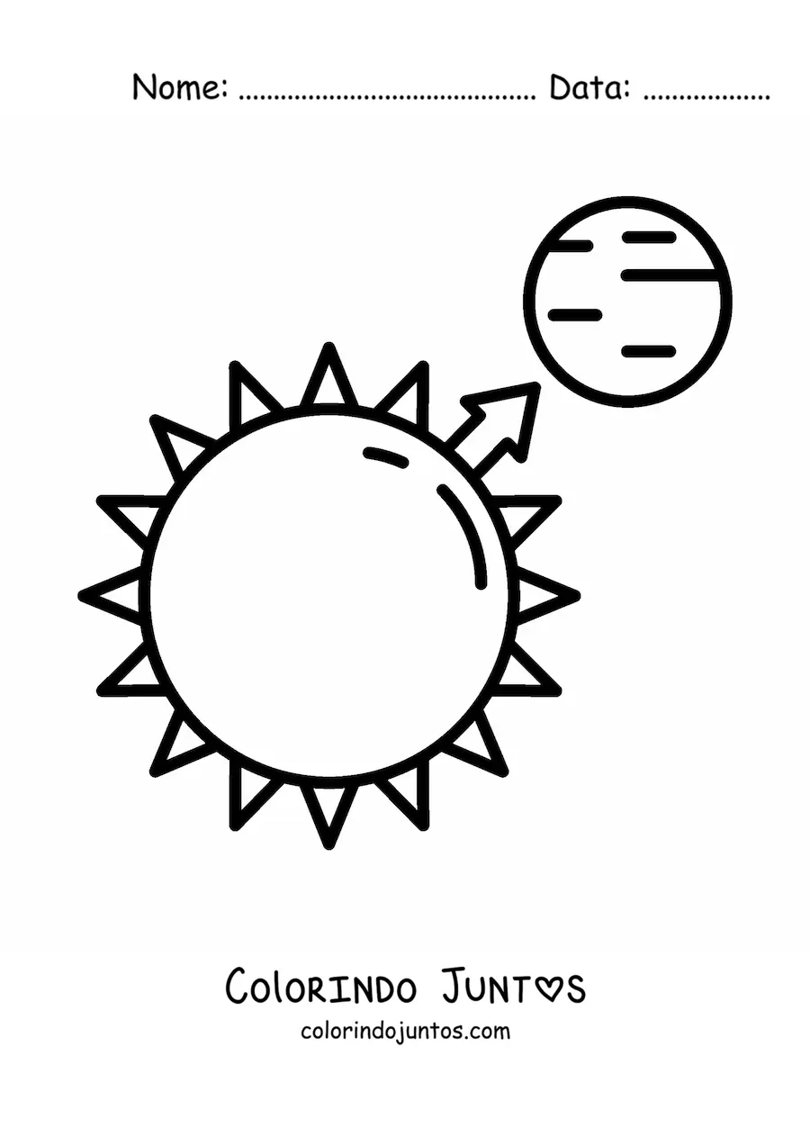 Desenho para colorir do sol e um planeta representando a atração gravitacional