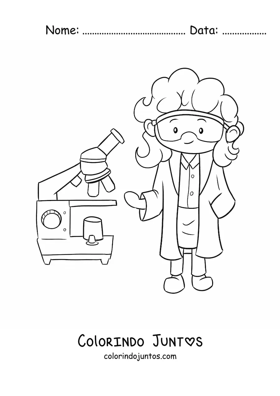 Desenho para colorir de um cientista kawaii com microscopio