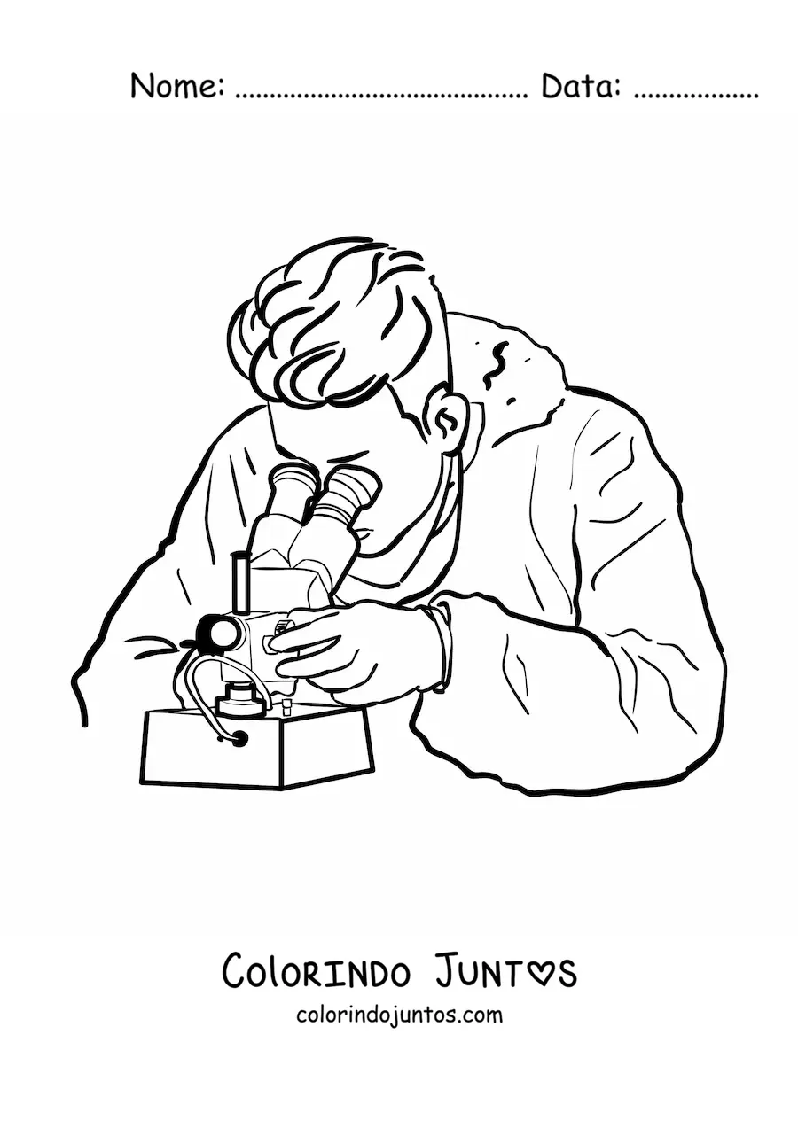 Desenho para colorir de um cientista usando um microscopio binocular