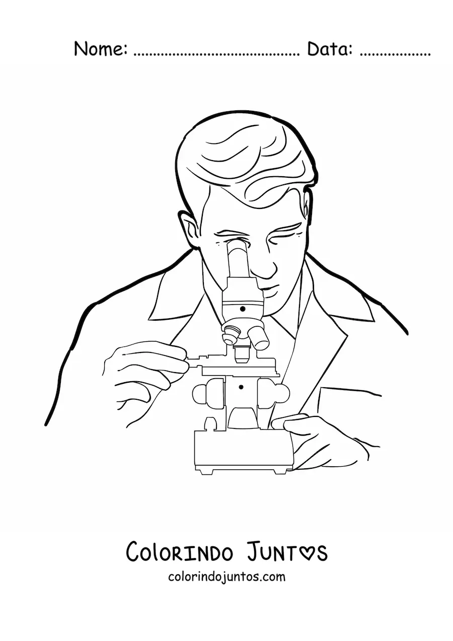 Desenho para colorir de um cientista olhando atraves de um microscopio