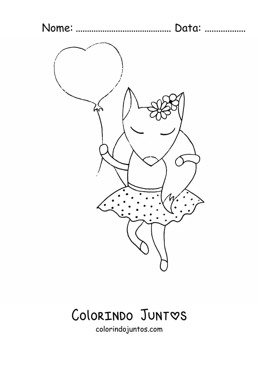 Desenho para colorir de uma raposa animada com vestido segurando um balão em formato de coração