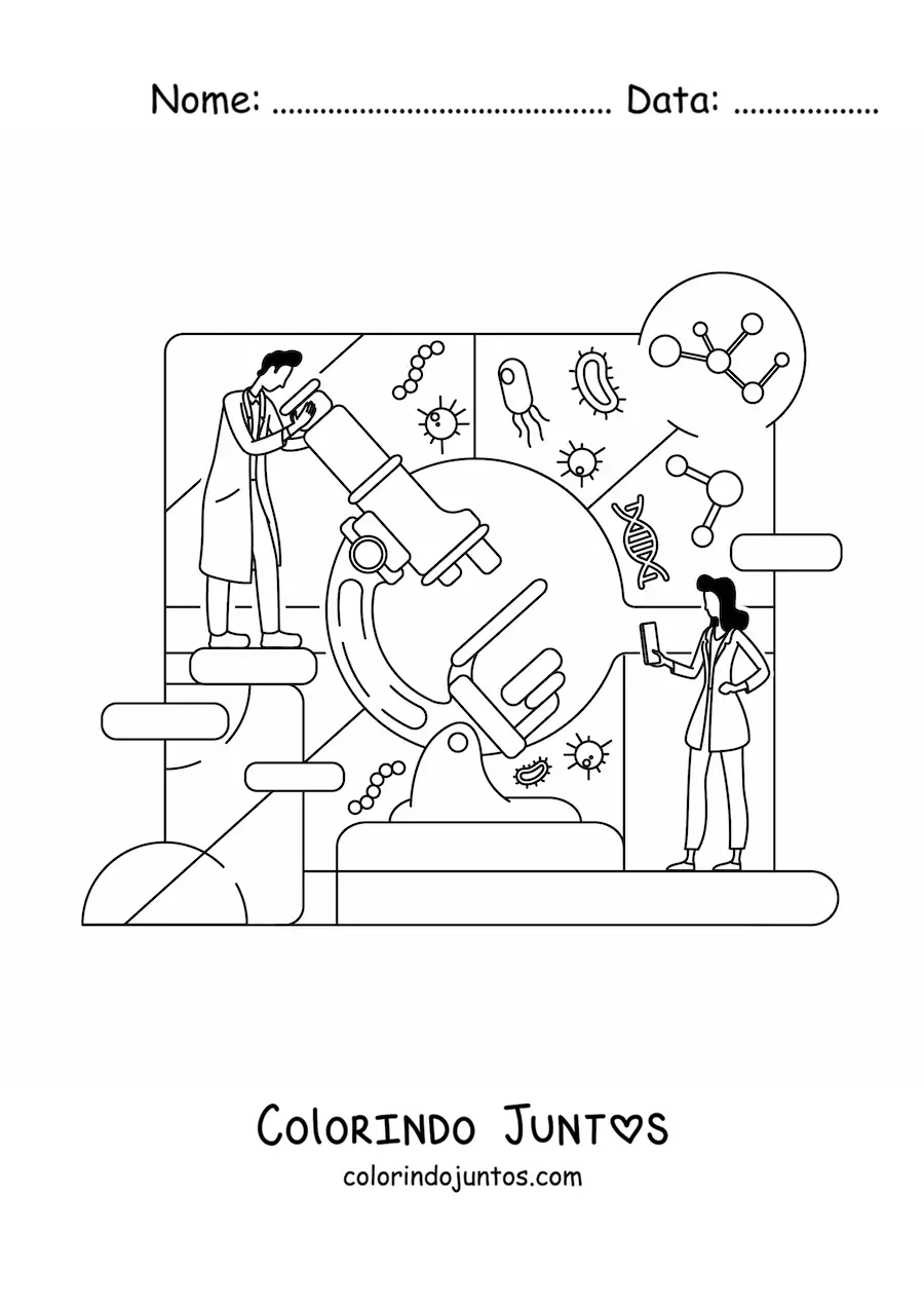 Desenho para colorir de dois cientistas e um microscopio