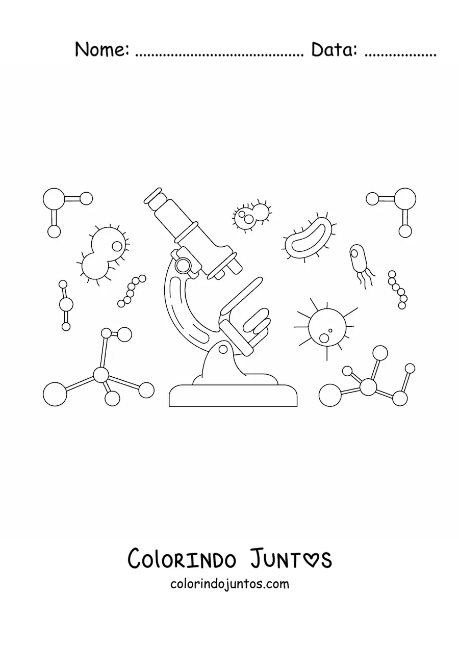 Desenho para colorir de um microscopio com organismos unicelulares
