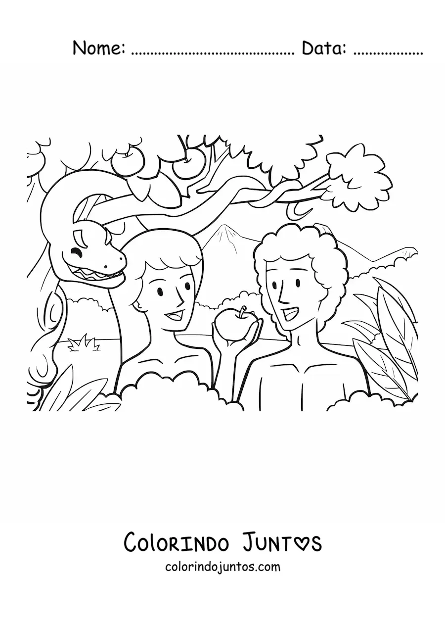 Desenho para colorir de uma maçã como o fruto proibido do Gênesis, com Adão e Eva