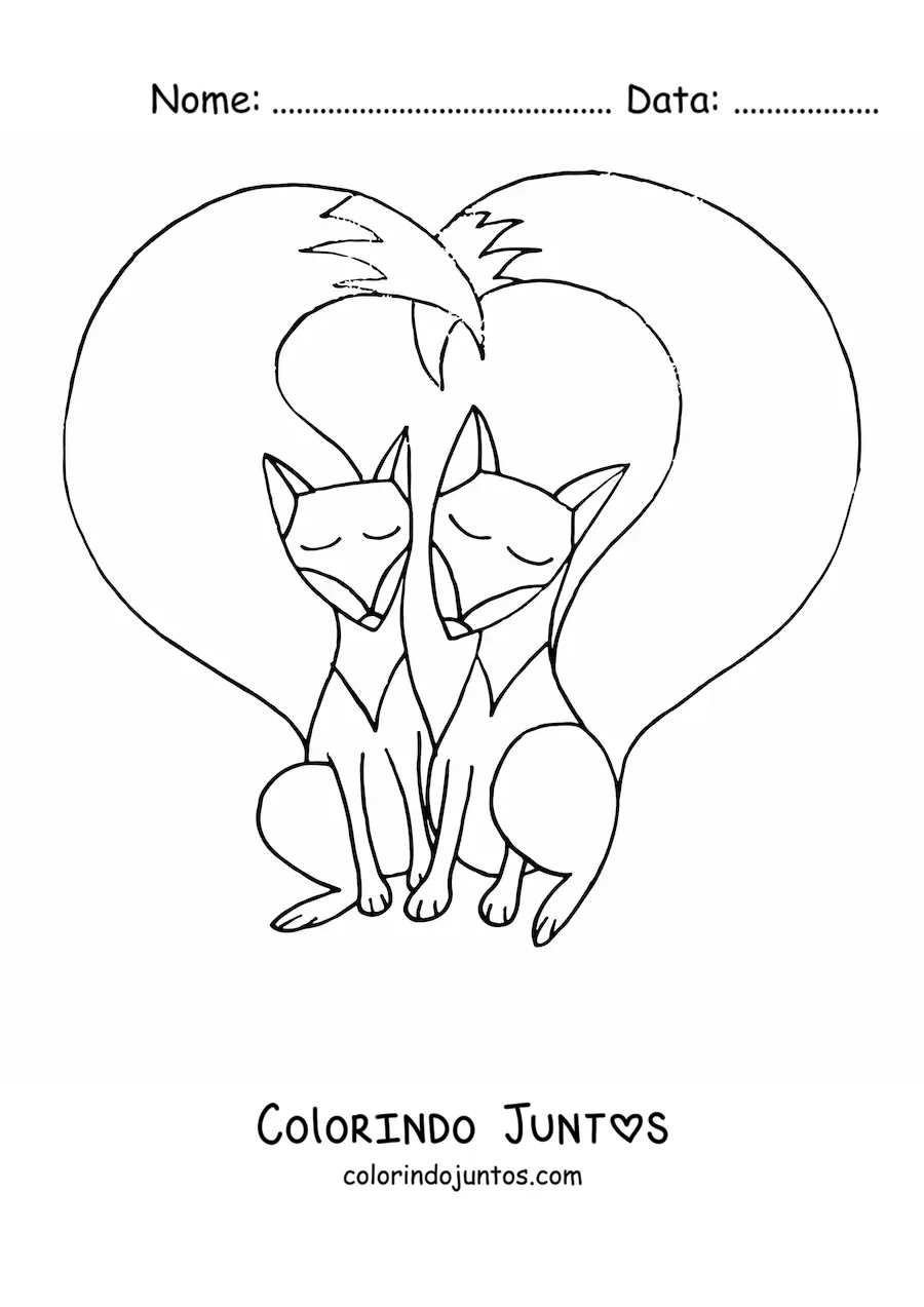 Desenho para colorir de um casal de raposas animadas unindo as caudas em formato de coração