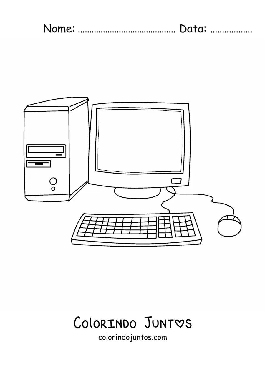 Desenho para colorir de um computador com teclado e mouse