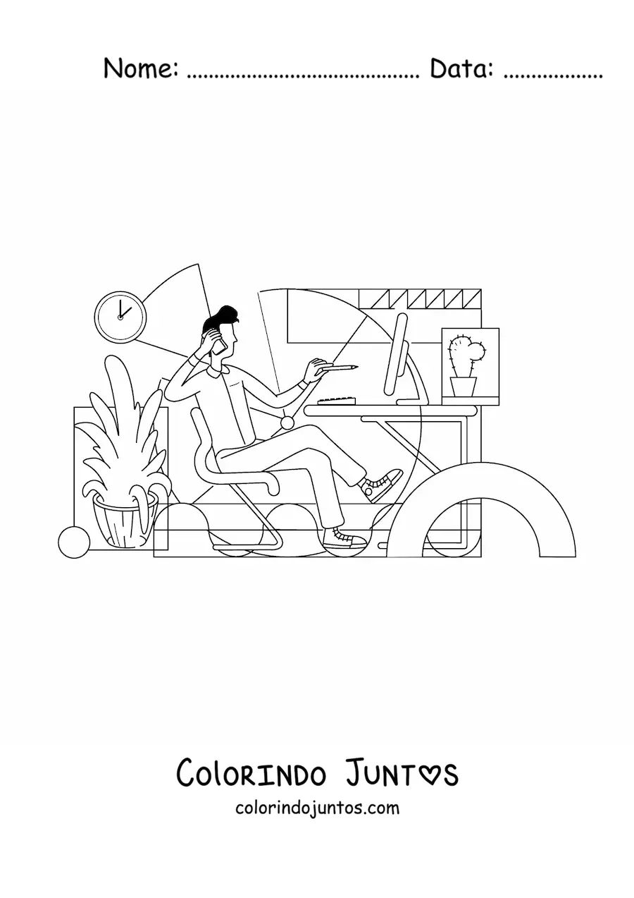 Desenho para colorir de um homem trabalhando no computador