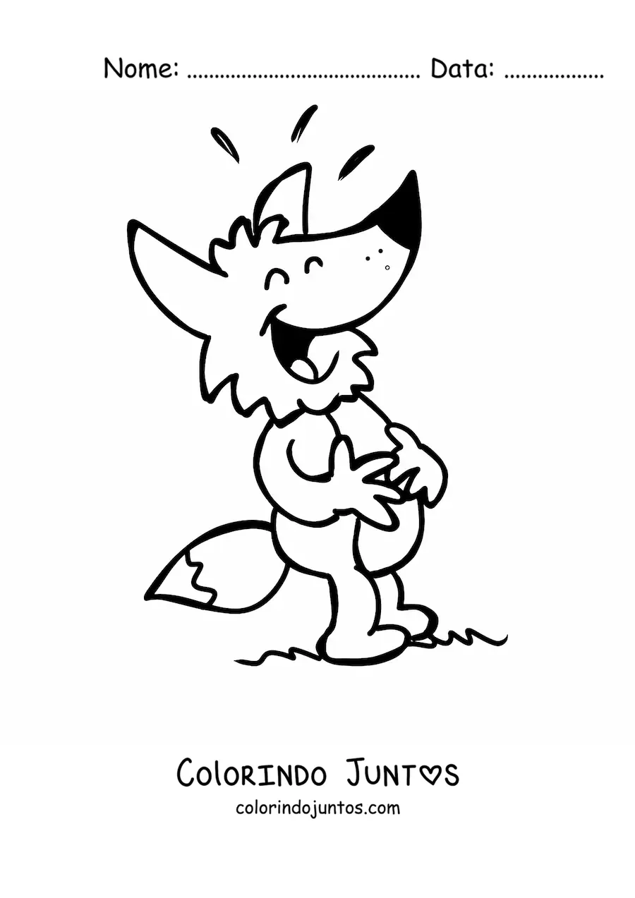 Desenho para colorir de uma raposa animada segurando a barriga rindo com os olhos fechados