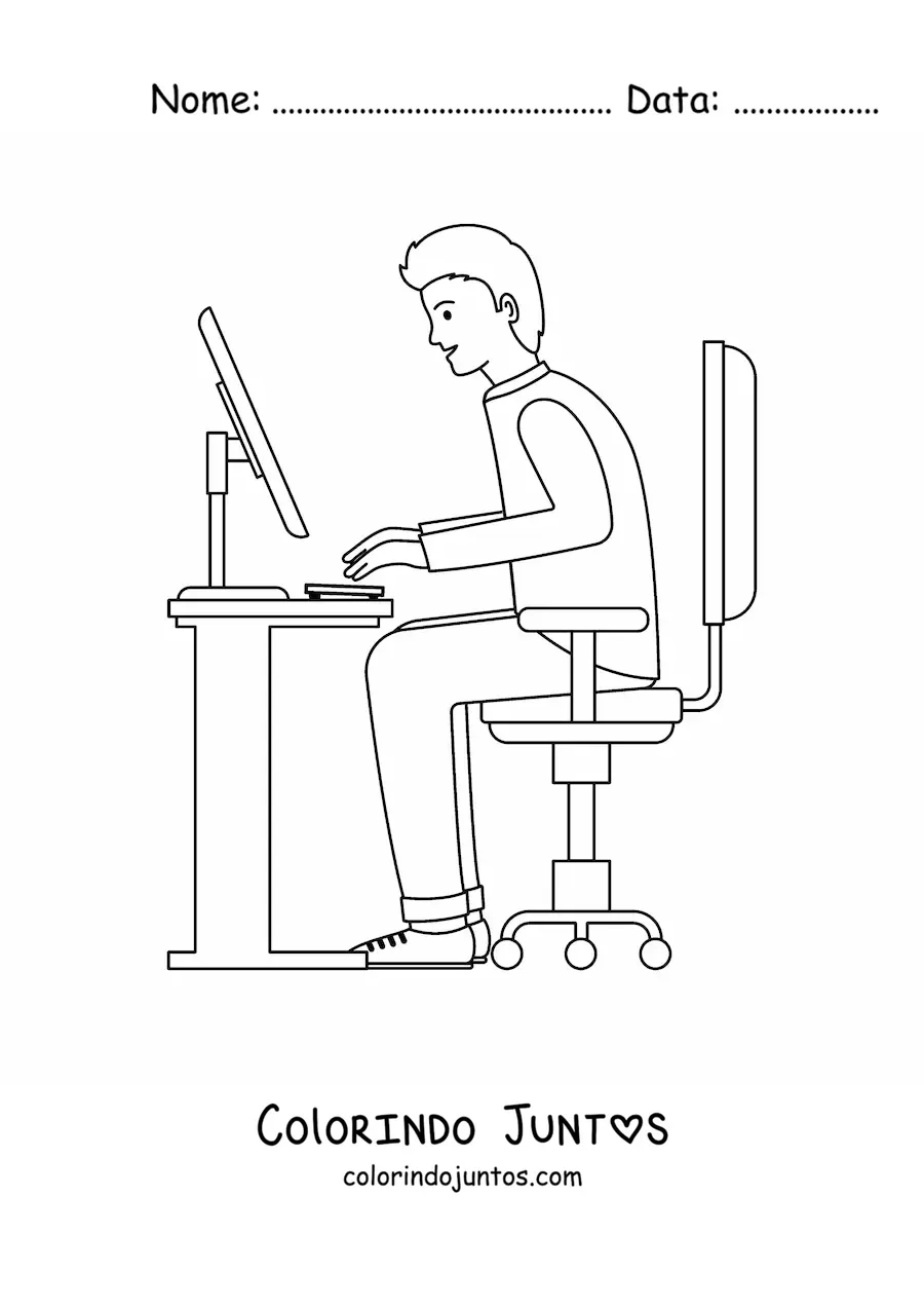 Desenho para colorir de um homem sentado em uma mesa com um computador moderno