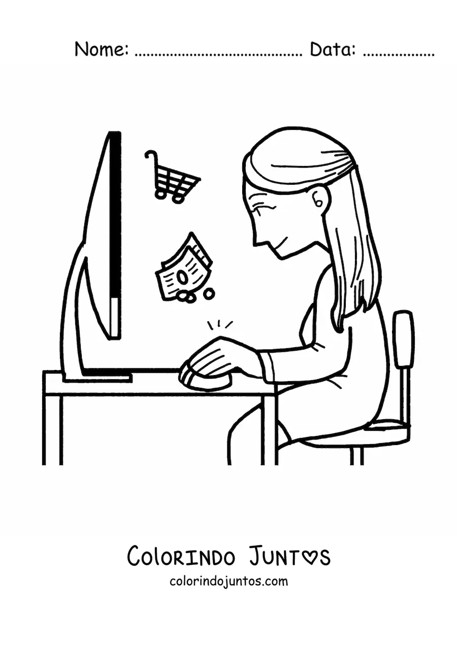 Desenho para colorir de uma mulher comprando pela internet no computador