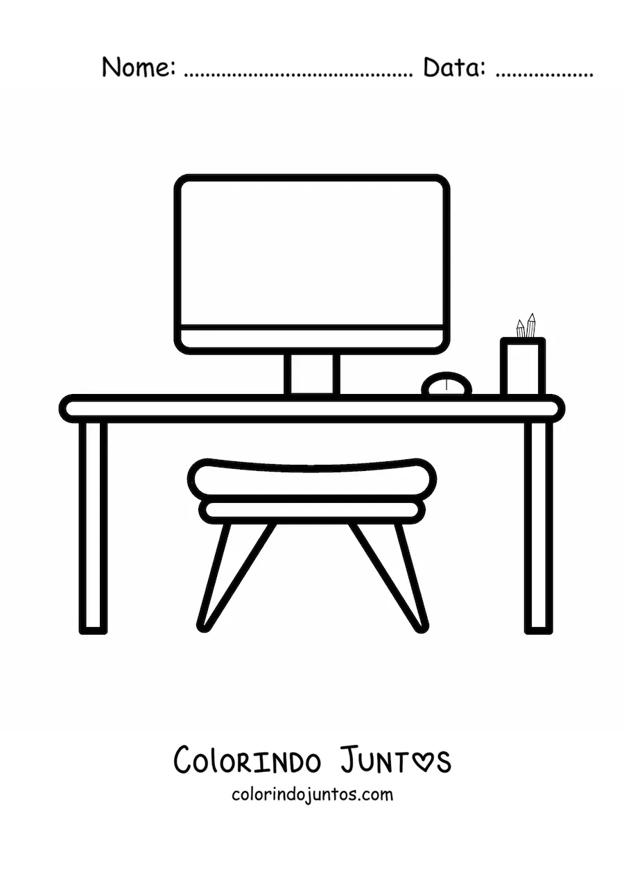 Desenho para colorir de uma mesa com computador