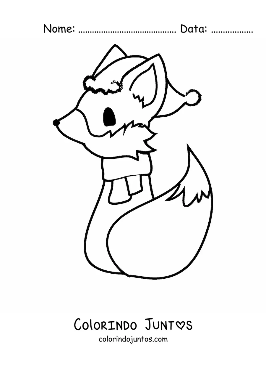 Desenho para colorir de uma raposa animada sentada de costas com cachecol e gorro de Natal