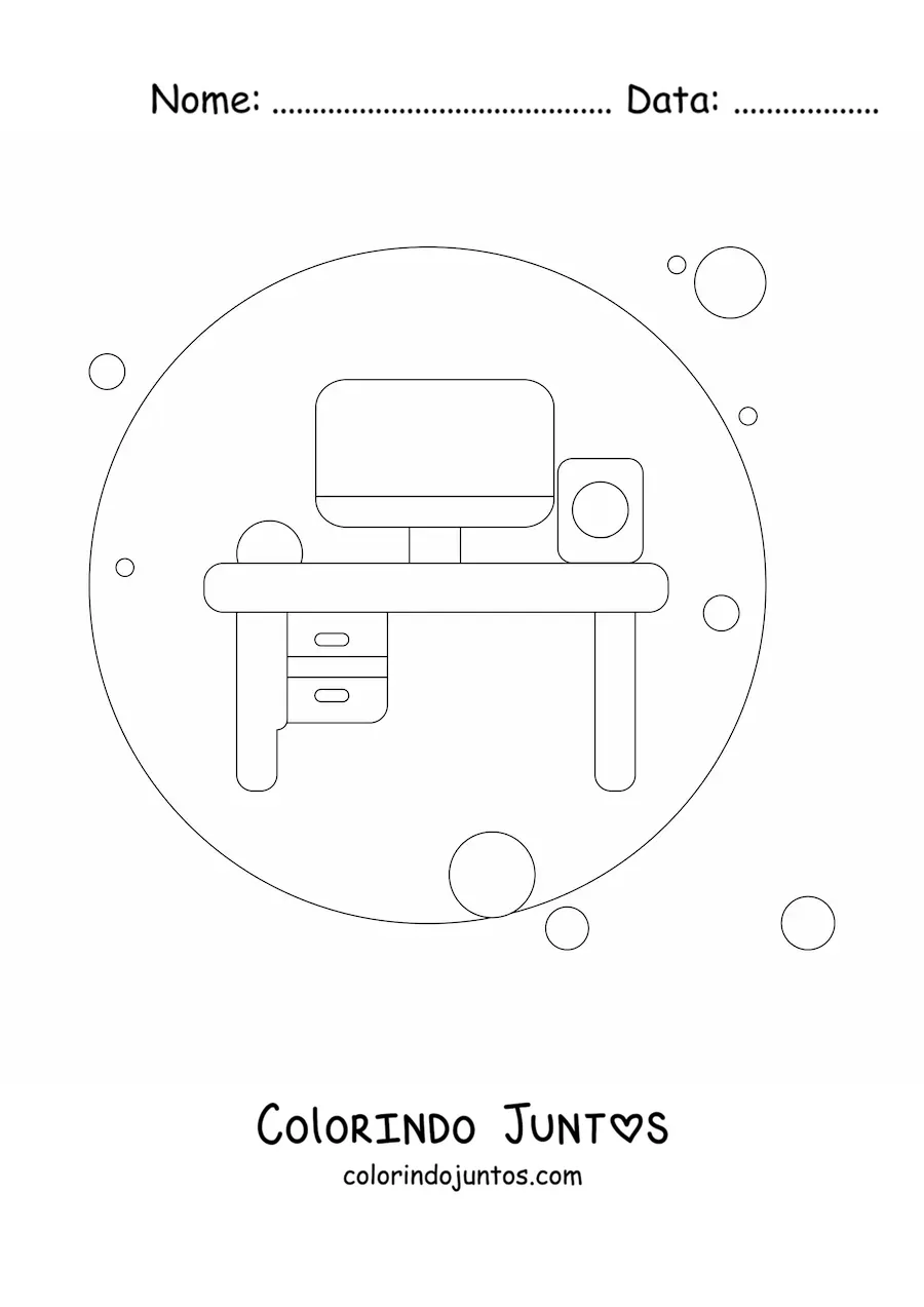 Desenho para colorir de uma mesa pessoal com um computador