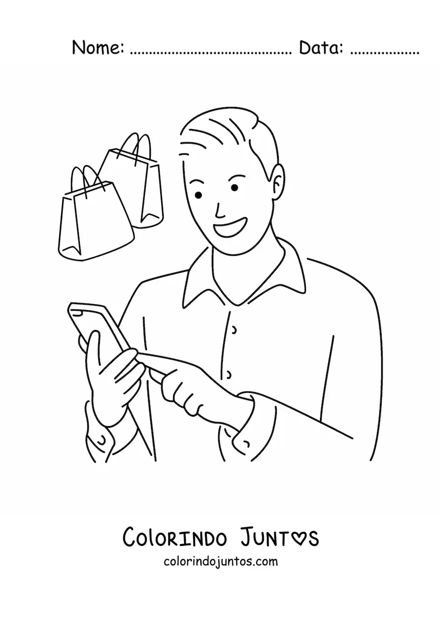 Desenho para colorir de um homem comprando pela internet pelo celular