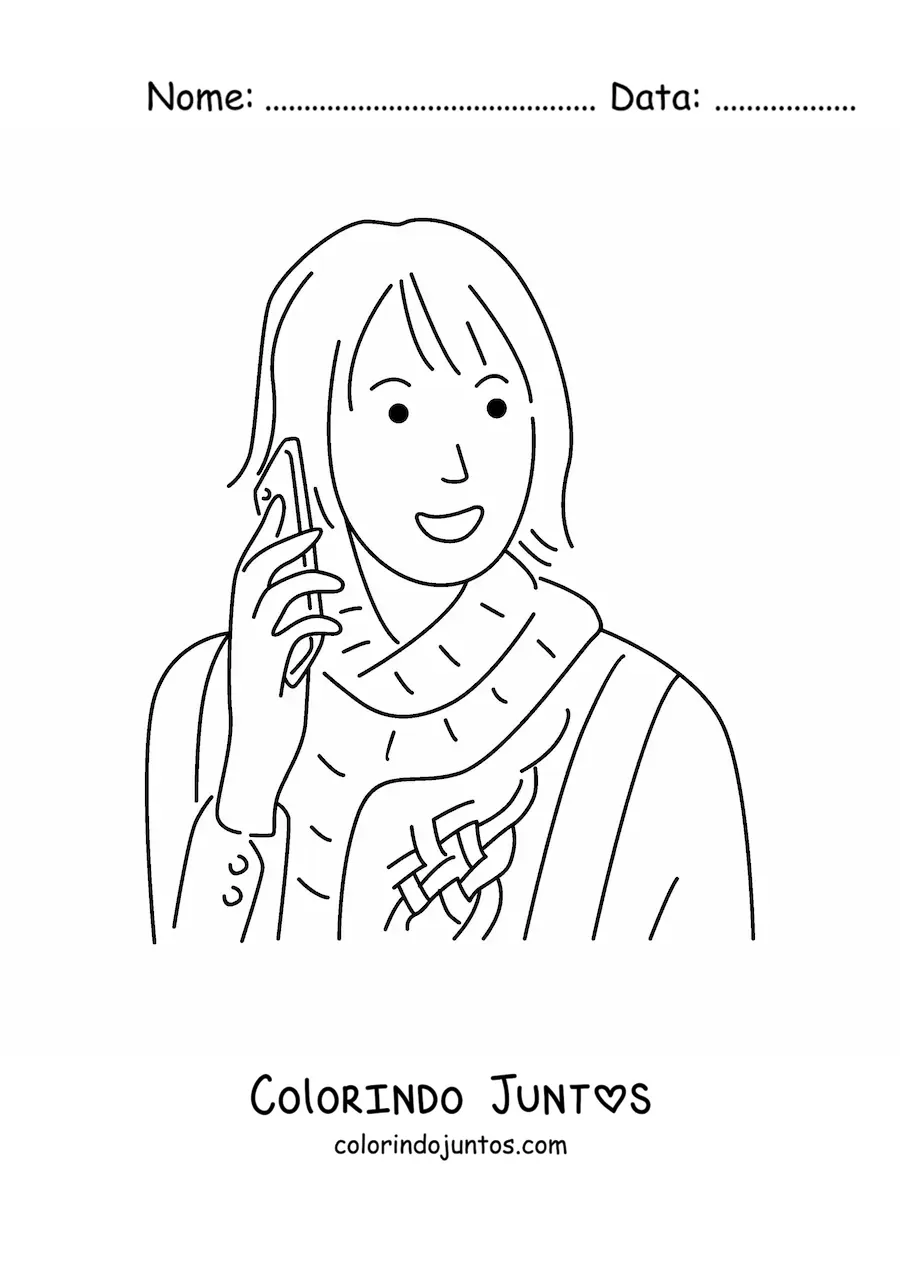 Desenho para colorir de uma menina falando ao telefone