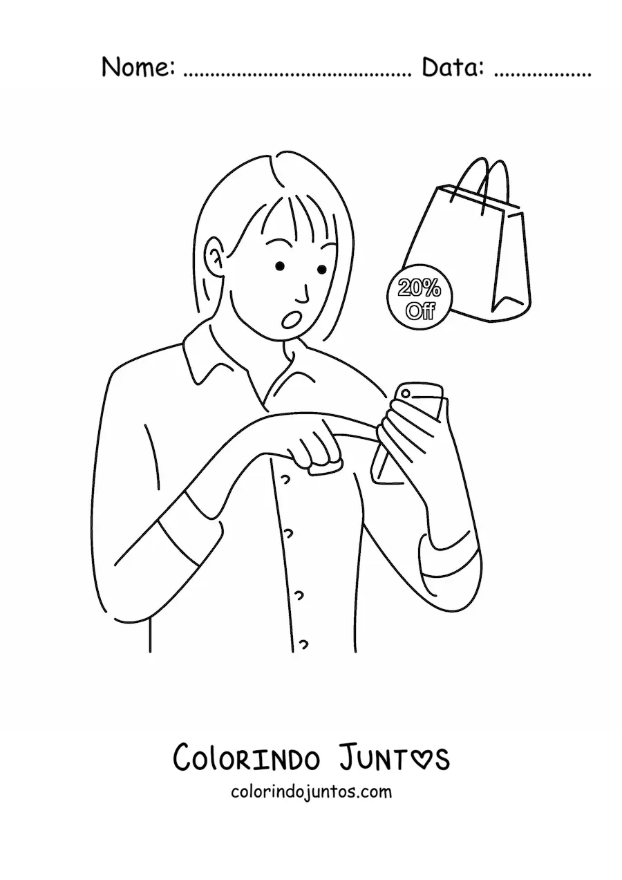 Desenho para colorir de uma mulher fazendo compras online pelo celular